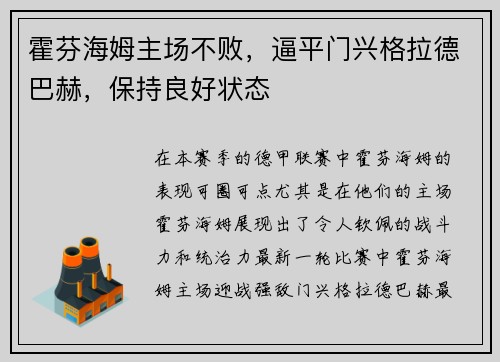 霍芬海姆主场不败，逼平门兴格拉德巴赫，保持良好状态